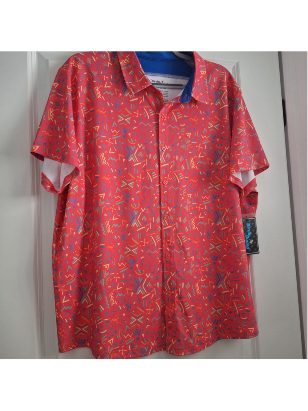 NWT Birdie Bound Mens XL Pink Aztec Short Sleeve Golf Polo Shirt Button Front